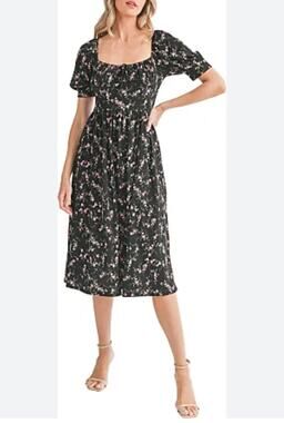 Lush Floral Midi Dress Size S Tie Bust Short Sleeve Black Pink Coquette Bow\]|